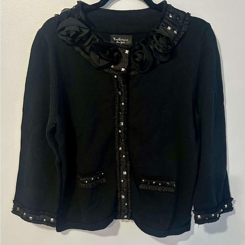 Vintage Katherine’s New York Black Cardigan with Satin Roses & Stud detail large